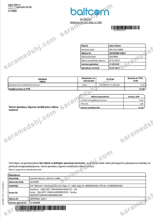 Latvia Baltcom telecommunications utility bill template in Word and PDF format (Latvian version)